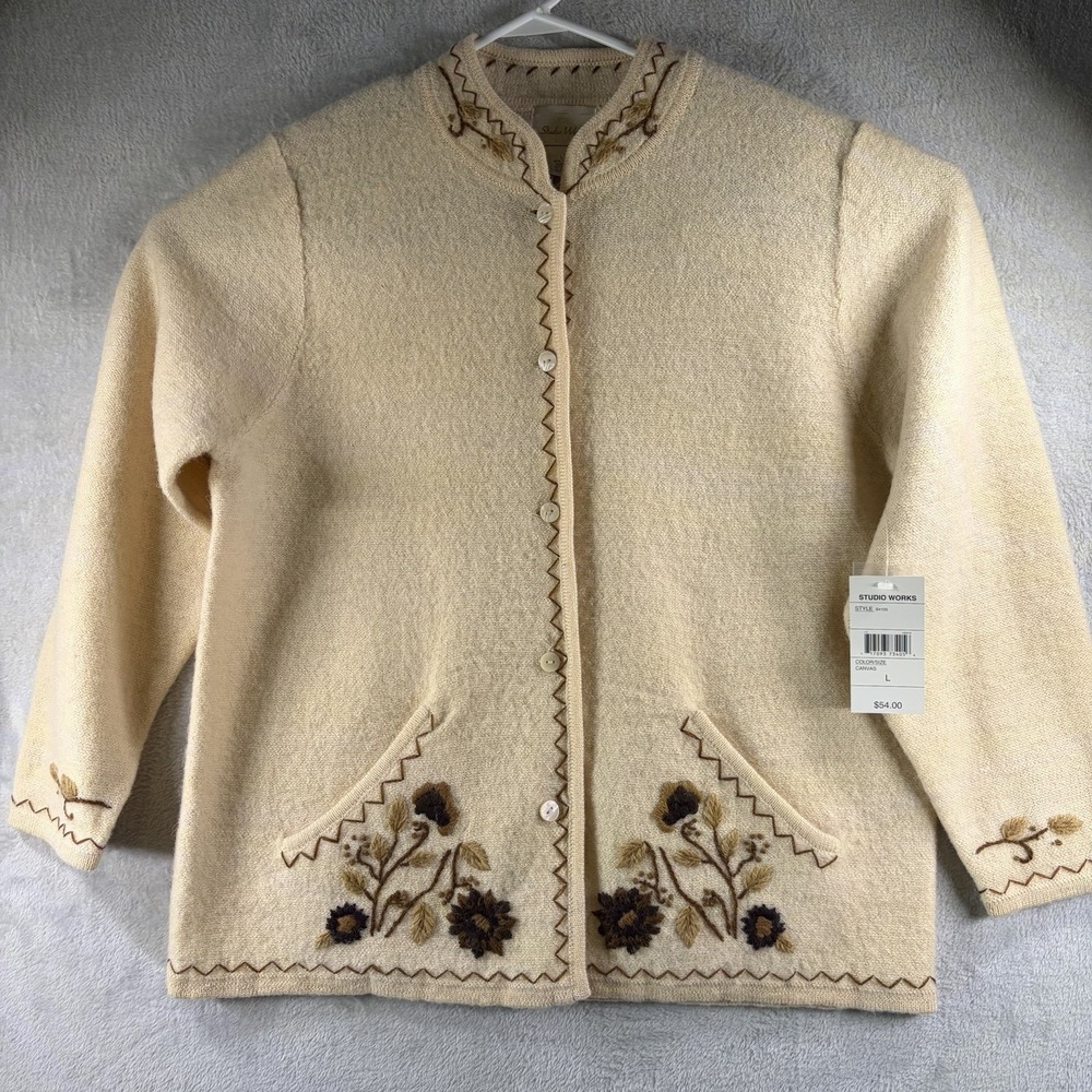 Studio Works Wool Cardigan Sweater Women's L Floral Embroidered NWT